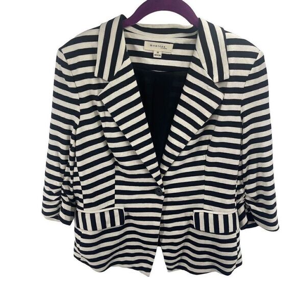 Monteau Women's Single Button Blazer Striped 3/4 Sleeve black white Medium - Picture 1 of 11